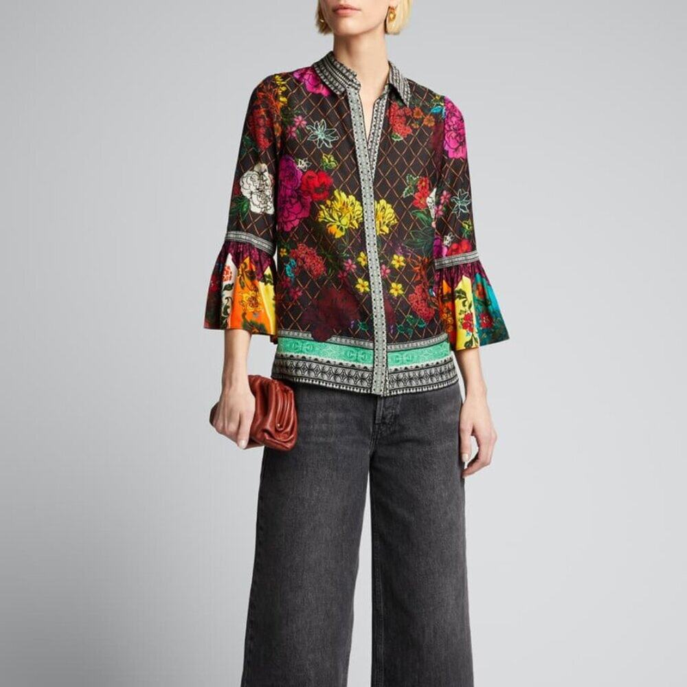 Alice + Olivia Rivera Ruffle-Sleeve Button-Down Top Small